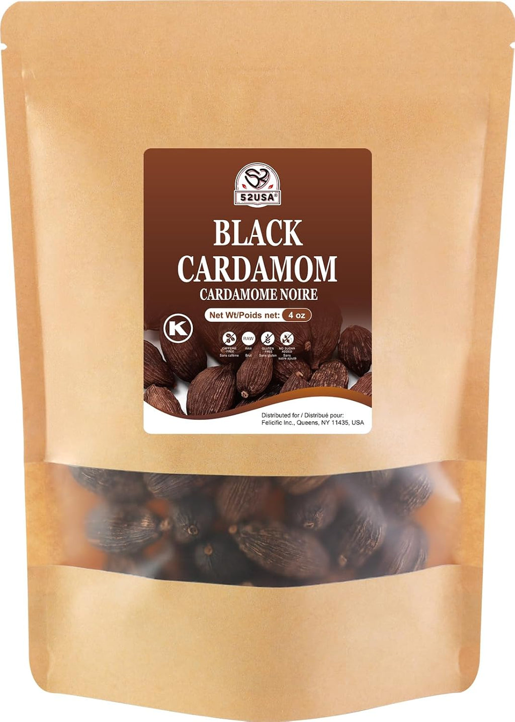 52USA Black Cardamom Pods, 4oz in Kraft Bag, NON GMO Verified, Black Cardamom Seeds - 100% Pure, Aromatic & Natural, Whole Cardamom Pods for Authentic Asian, Indian, and Global Cooking