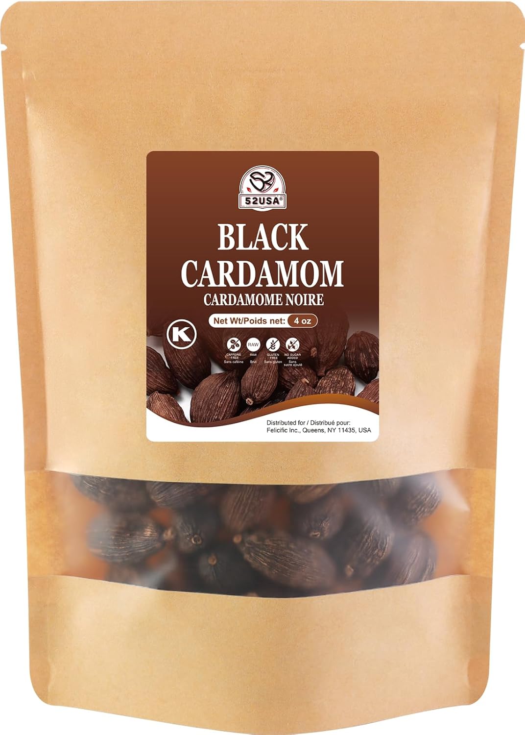 52USA Black Cardamom Pods, 4oz in Kraft Bag, NON GMO Verified, Black Cardamom Seeds - 100% Pure, Aromatic & Natural, Whole Cardamom Pods for Authentic Asian, Indian, and Global Cooking