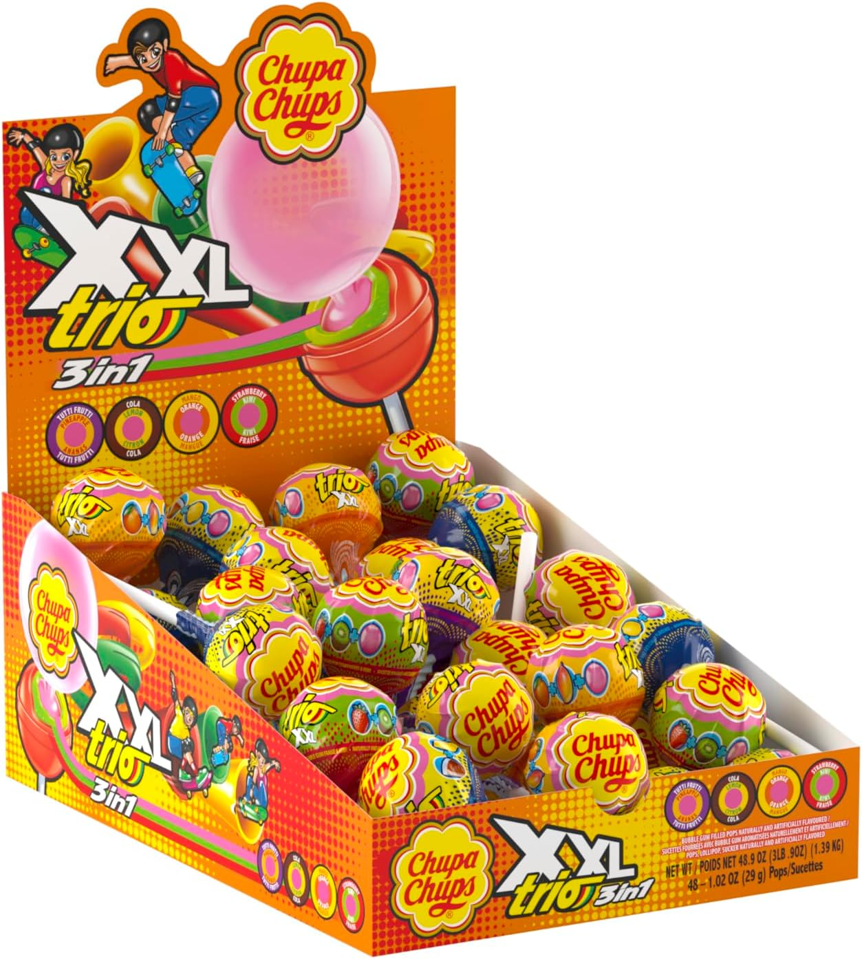 Chupa Chups XXL Trio Bubble Gum Lollipops, Assorted Flavors, Easter Candy, Easter Basket Essentials Stuffers for Kids and Adults, Individually Wrapped Extra Large, Pack of 48