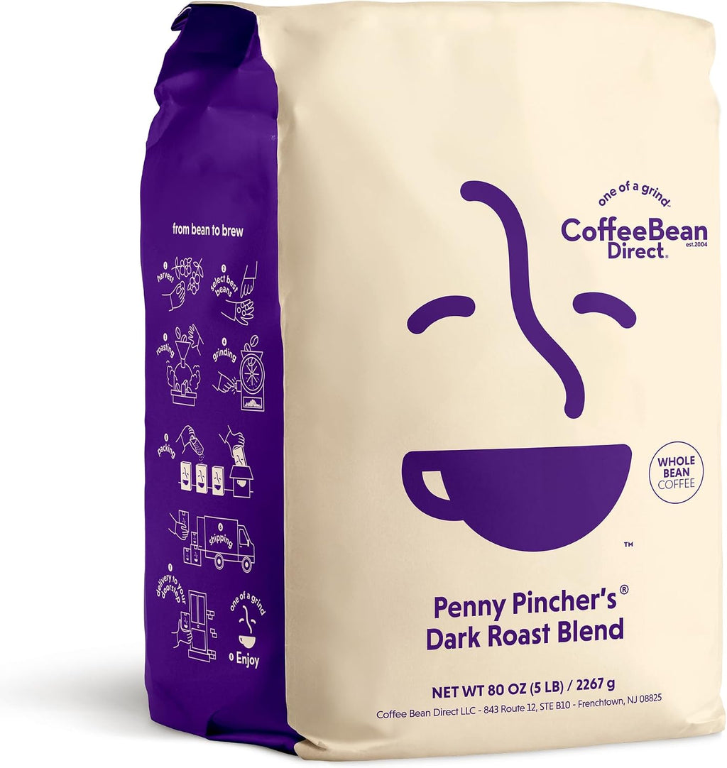 Coffee Bean Direct Penny Pincher's® Dark Roast Blend, Whole Bean Coffee, Bold and Versatile, Dark Roast, 5 Pound Bag (Pack of 1)