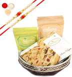 Ghasitaram Gifts Rakhi Gifts for Brothers Rakhi Sweets - Round Basket of Almonds, Raisins and Soan Papdi with 2 Pearl Beads Rakhis