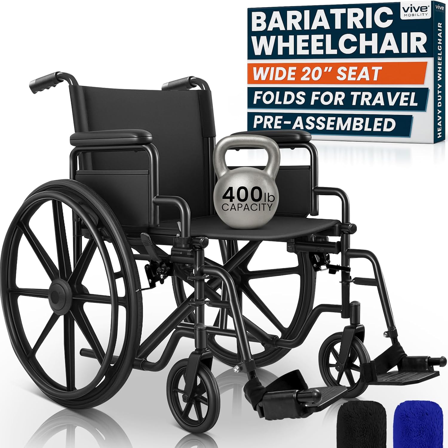 Vive Bariatric Wheelchair for Adults (Supports 400 lbs) - Foldable, Heavy Duty, Manual & Transport Wheel Chair - Portable Senior Drive Travel Scooter for Transfers - Wide 20" Seat