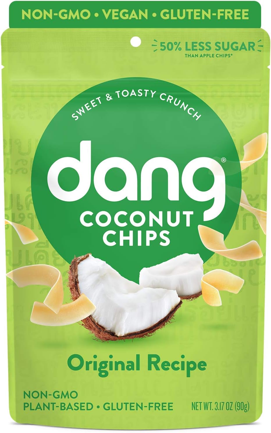 Dang Toasted Coconut Chips Original, Vegan, Gluten Free, Non GMO, Healthy Snacks, Made with Whole Foods, 50% Less Sugar, Resealable Individual Bags, 3.17 oz
