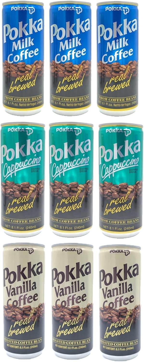 POKKA Coffee 9-Pack Set - Milk Coffee, Vanilla Coffee, Cappuccino, 8.1 Fl Oz (240ml) Each (Milk-Vanilla-Cappuccino (3 Each))