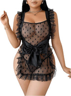 WDIRARA Women's Plus Size 2 Piece Sheer Mesh Maid Costume Sets Bow Floral Lace Bra Panty Lingerie Set