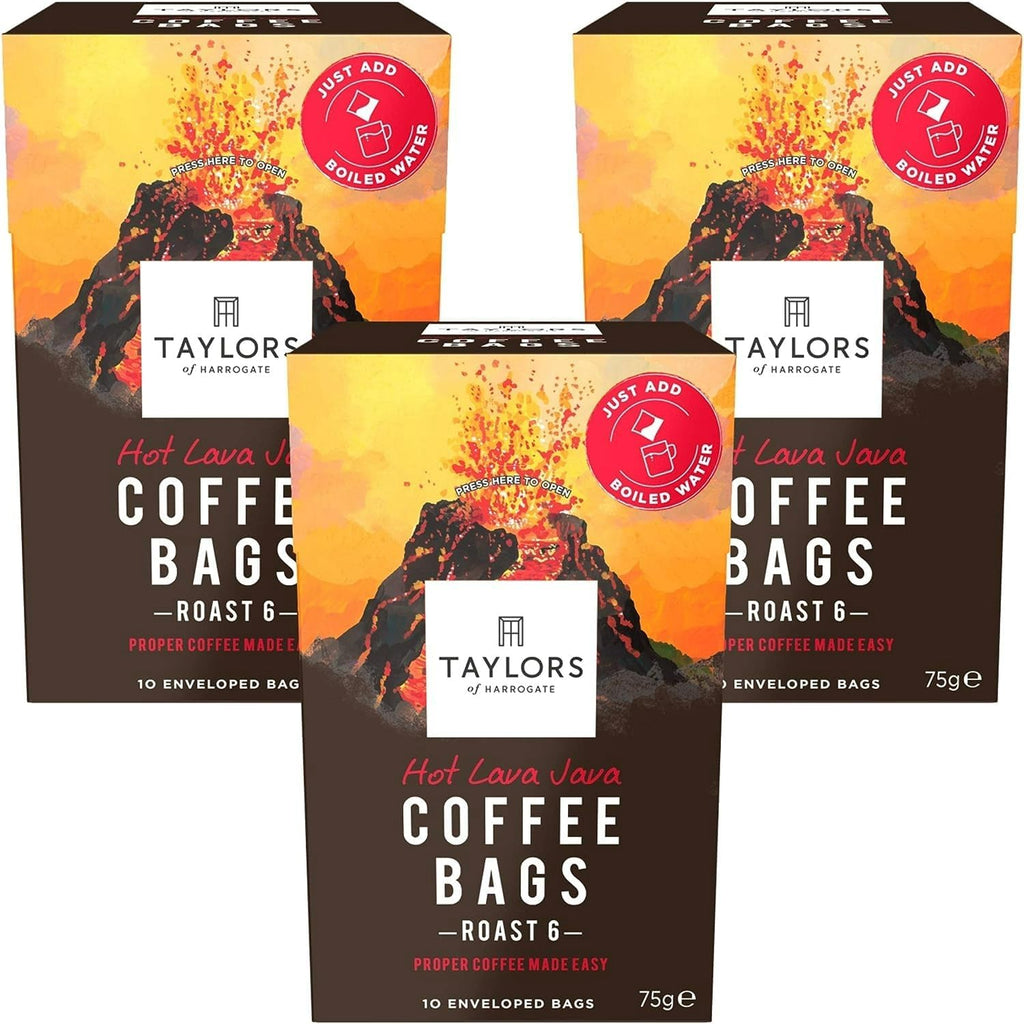 Taylors of Harrogate Hot Lava Java Coffee Bags (10 Enveloped Bags Per Pack x 3 Packs = 30 Coffee Bags)