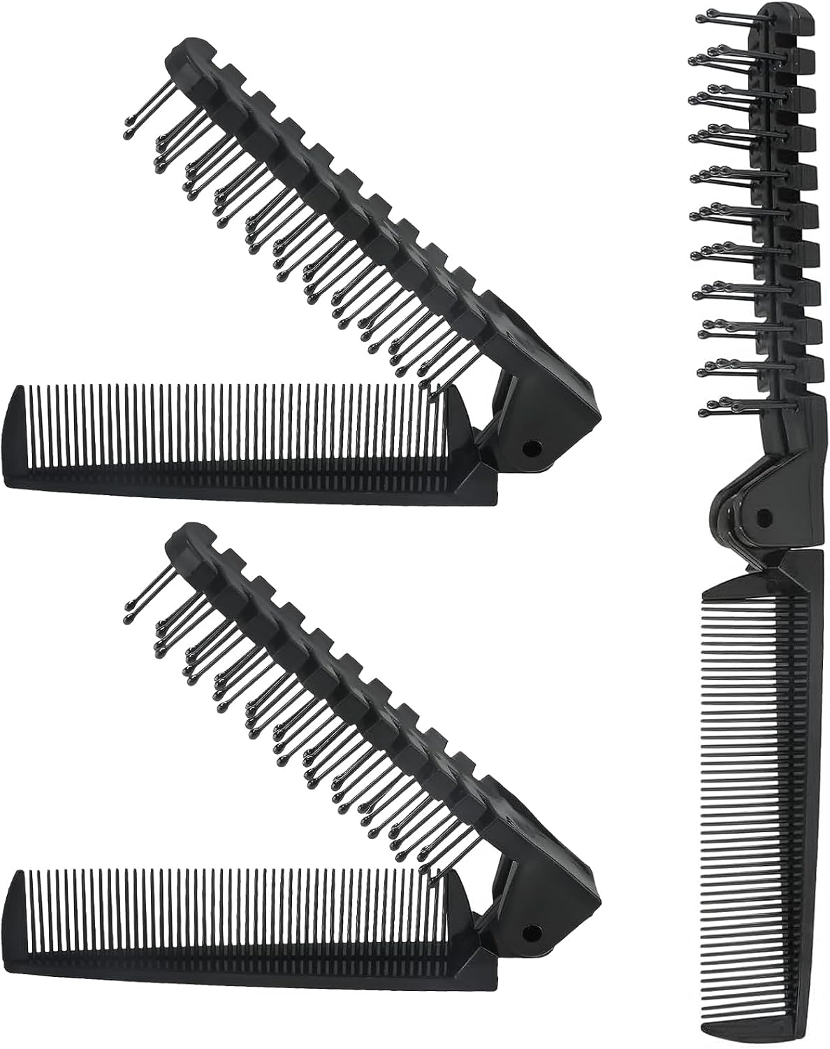 3PCS Travel Foldable Brush, Anti-Static Hair Comb and Double Headed Hairdressing Tool for Men & Women (Black)