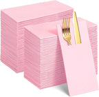 120 Pcs Pink Linen-Feel Paper Napkins with Built-in Flatware Pocket, Mother's Day Pocket Linen Napkin Prefolded Cloth Like Paper Napkins Bulk for Anniversay Wedding Baby Shower Birthday Bridal Party