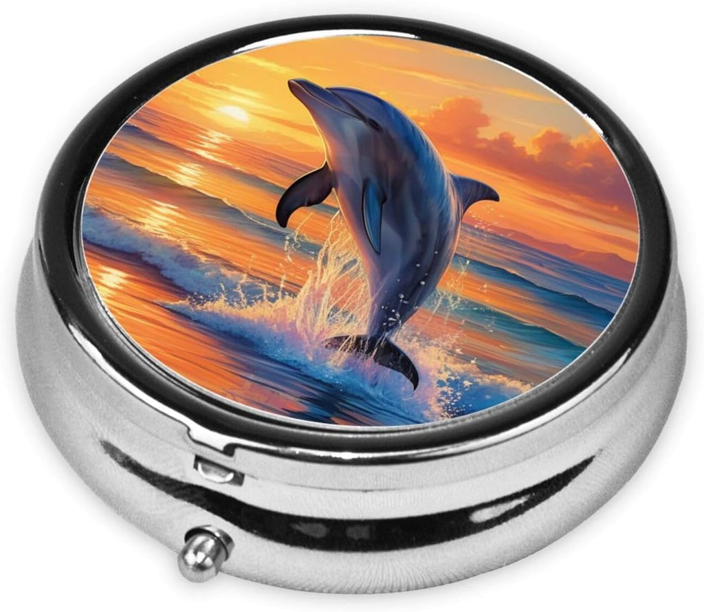 ZhongGuo Sunset Dolphin Printed Pill Organizer,Round Travel Pill Organizer Mini Medicine Pill Box for Purse Iron Plating