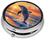 ZhongGuo Sunset Dolphin Printed Pill Organizer,Round Travel Pill Organizer Mini Medicine Pill Box for Purse Iron Plating