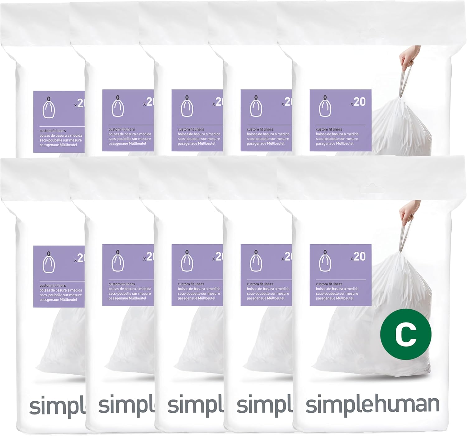 simplehuman Code C 200 Count, Dispenser Packs Custom Fit Liners, Drawstring Trash Bags, 10-12 Liter / 2.6-3.2 Gallon, White