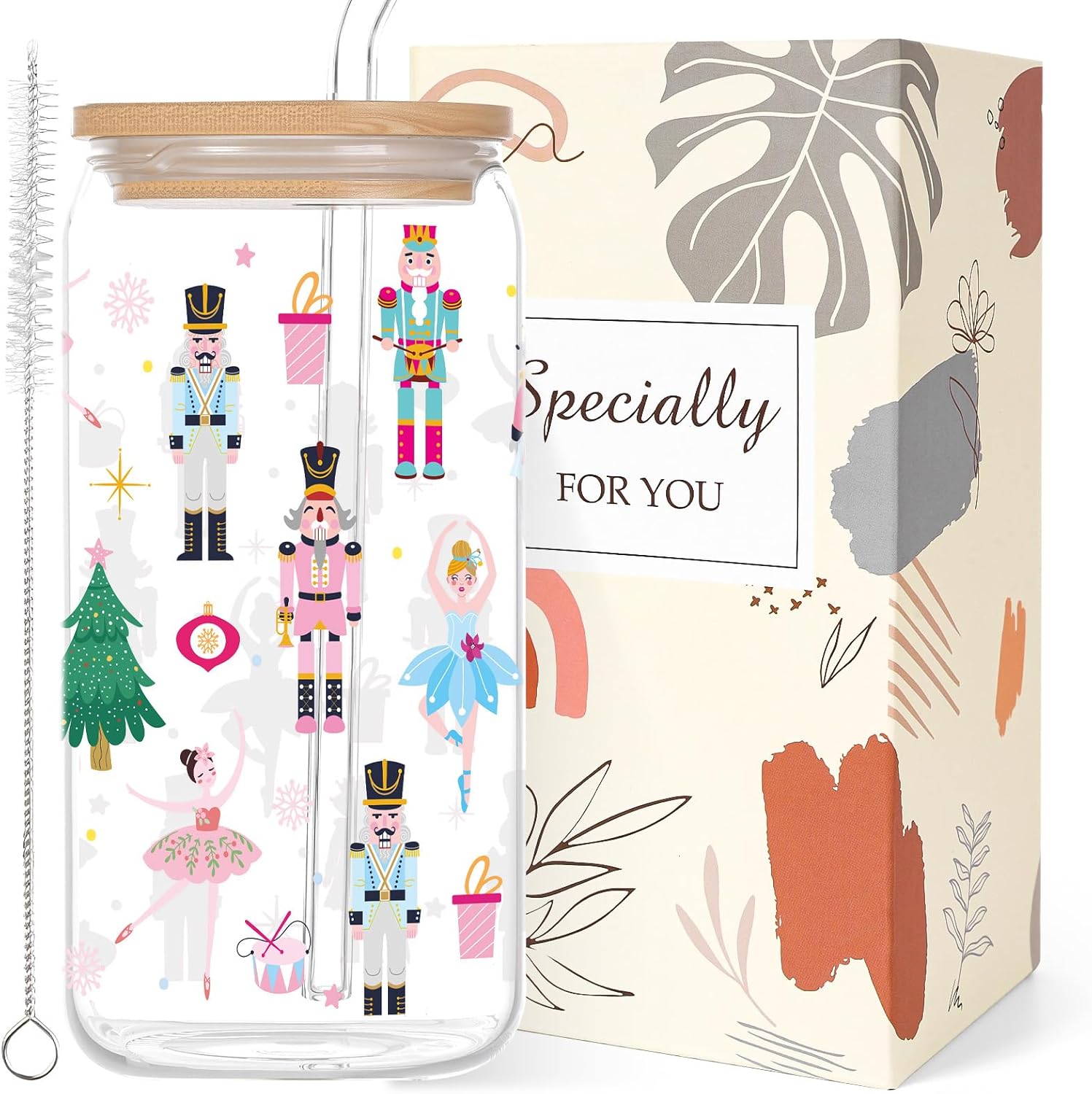 Nutcracker Glass Cups Gifts - 16oz Christmas Iced Coffee Cups with Lid Straw, Nutcracker Print Glass Tumbler Drinking, Mom Girlfriend Besties Christmas Xmas Winter Holiday Mother's Day Gift