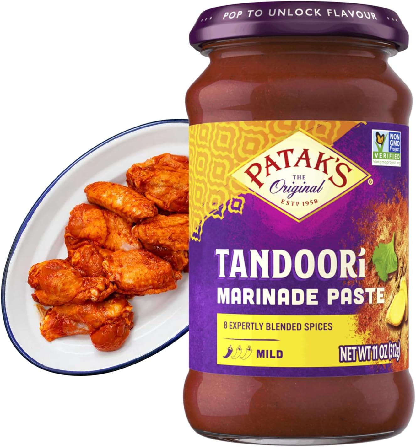 Patak’s Tandoori Marinade Paste - Mild Indian Tandoori Paste with 8 Expertly Blended Spices - Gluten-Free & Vegan - Flavorful Chicken Marinade for Grilling, Baking & BBQ Cooking - 11oz Jar (Pack of 1)