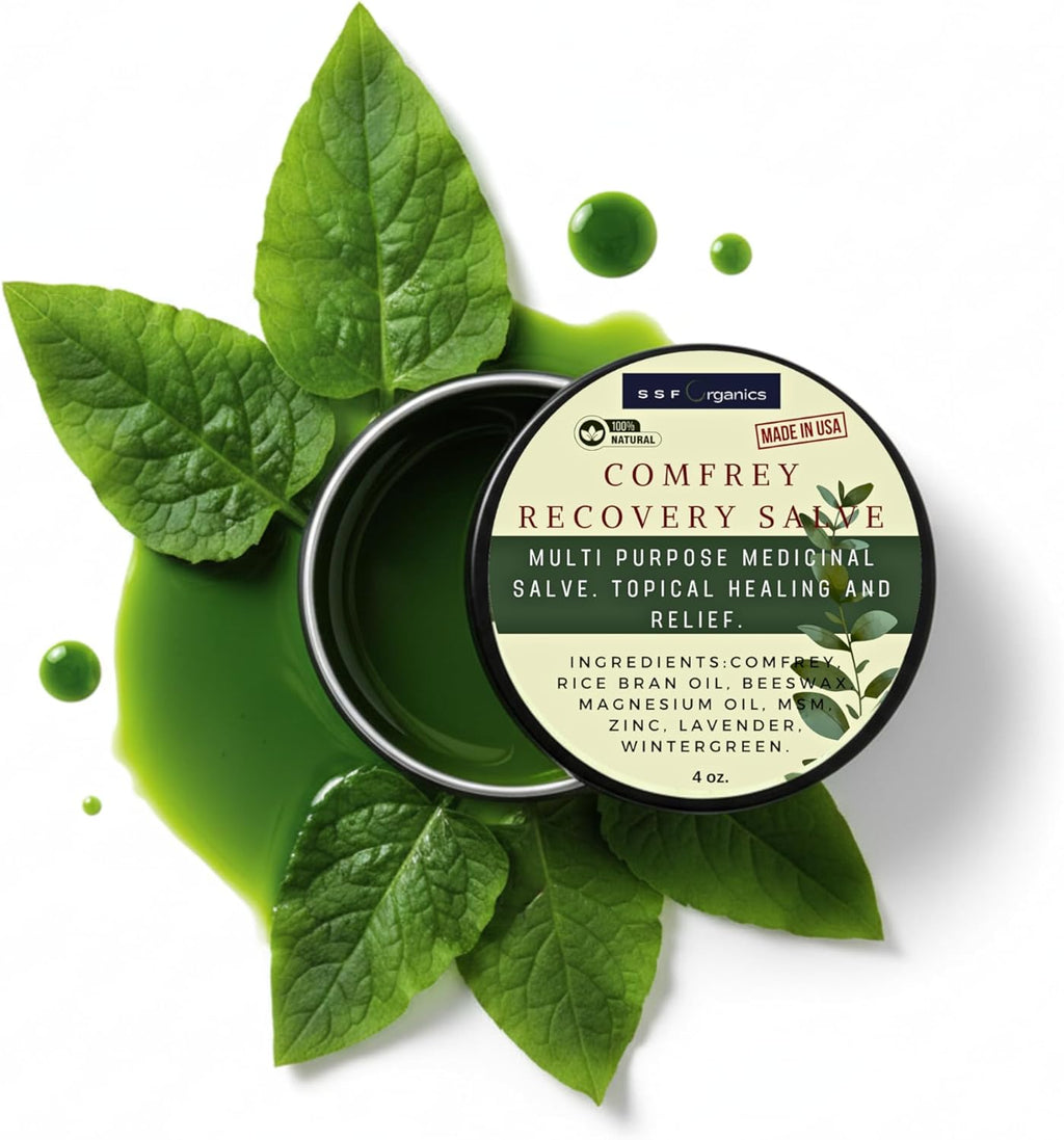 SSF Organics- Comfrey Salve Natural Multi Purpose Comfrey Heal Balm for: Joint and Knee Support | Muscle Recovery | Bone Healing | Skin Conditions | Great for Runners | (4 Ounce)
