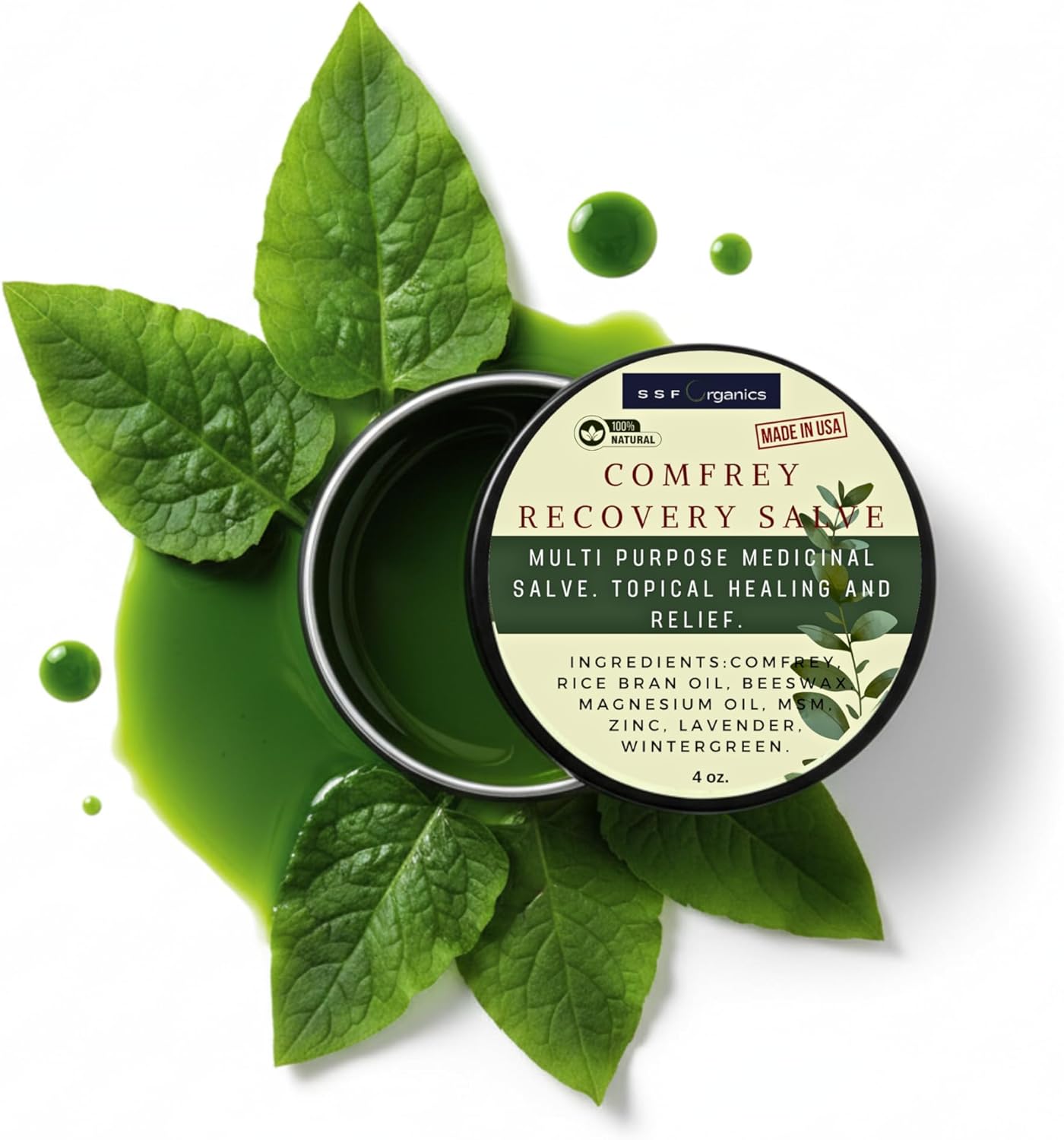 SSF Organics- Comfrey Salve Natural Multi Purpose Comfrey Heal Balm for: Joint and Knee Support | Muscle Recovery | Bone Healing | Skin Conditions | Great for Runners | (4 Ounce)