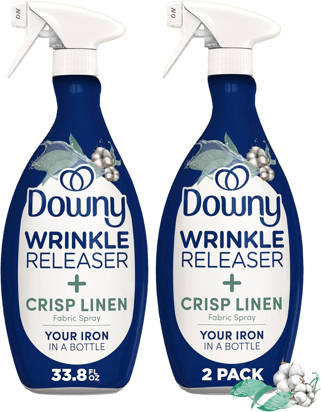 Downy Wrinkle Releaser Spray, All In One Formula, Removes Wrinkles, Static and Odor Eliminator, Crisp Linen Scent, 33.8 Fl Oz, Pack of 2 (Packaging May Vary)