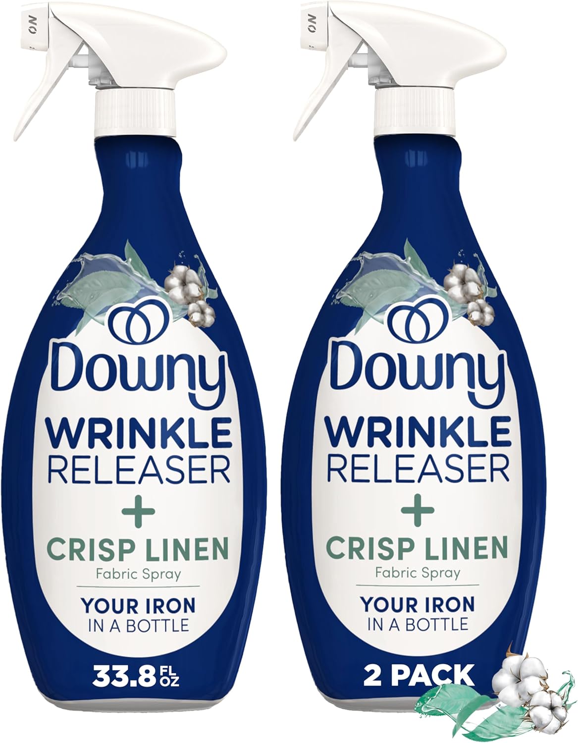 Downy Wrinkle Releaser Spray, All In One Formula, Removes Wrinkles, Static and Odor Eliminator, Crisp Linen Scent, 33.8 Fl Oz, Pack of 2 (Packaging May Vary)