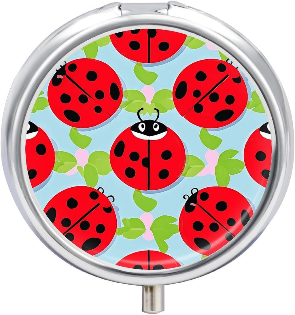 Red Ladybug Pattern Medicine Pill Case, 3 Compartment Round Pill Box, Portable Decorative Medicine Organizer for Pocket Or Purse Vitamin Organize