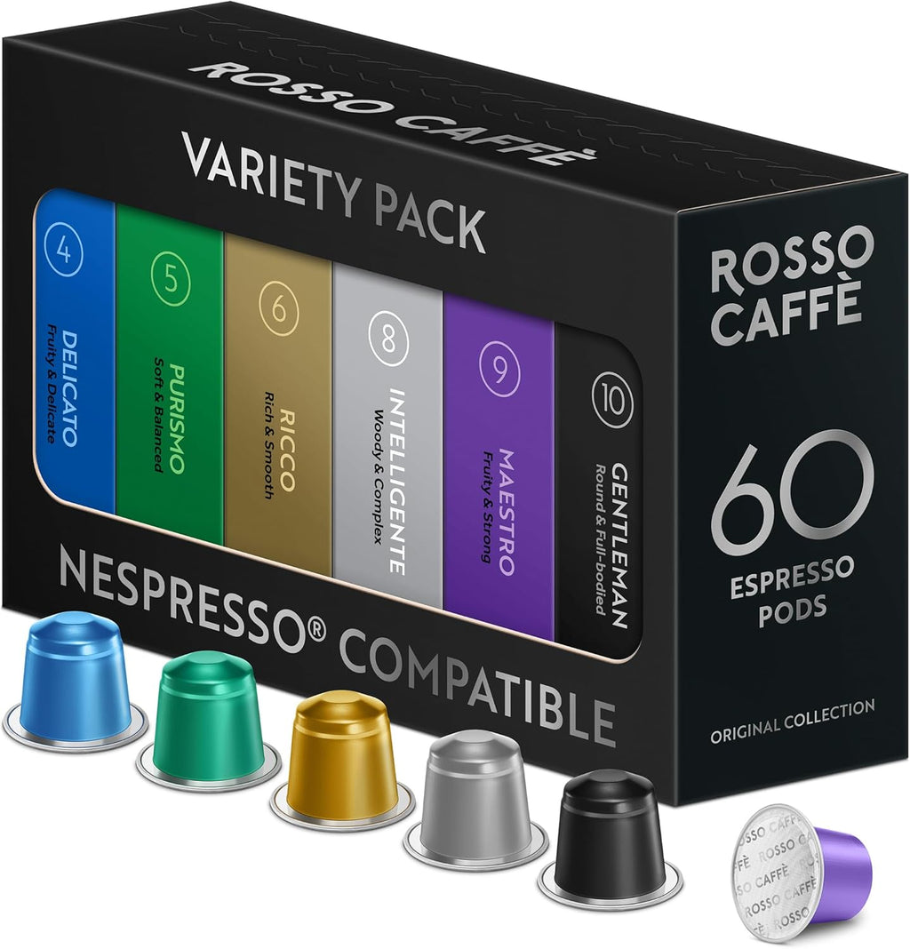 ROSSO CAFFÈ 60 Espresso Coffee Pods for Nespresso Original Machines - Premium Capsule Sampler Variety Pack 6 Flavors, Rich Breakfast to Intense Roasts
