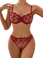 Lilosy Sexy Floral Embroidered Flower Mesh Underwire Push Up Lingerie Set