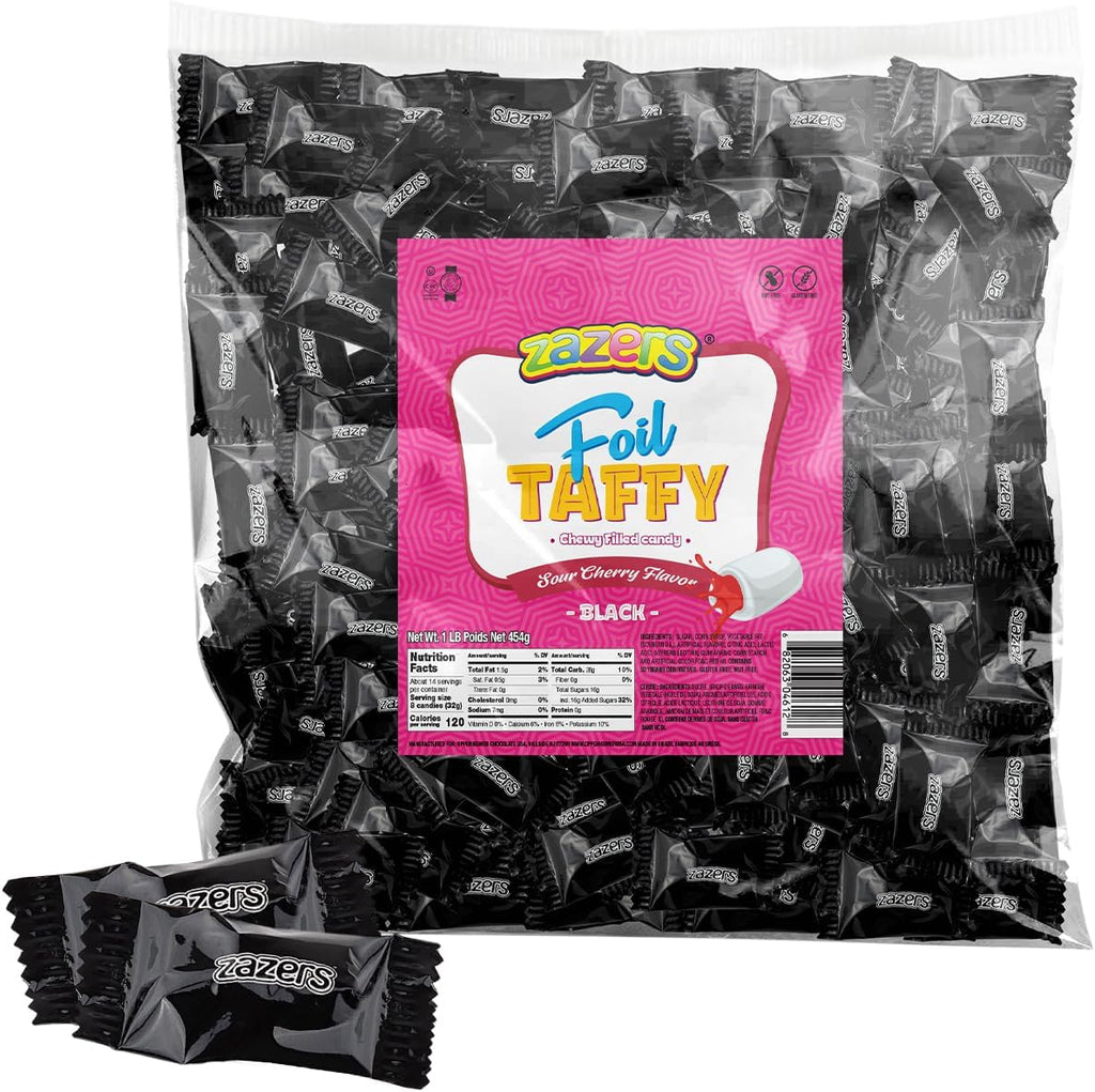 Black Foils Chewy Filled Sweet and Sour Candy, 1-Pound Bag of Black Color Themed Kosher Candies Individually Wrapped Cherry Fruit-Flavored Taffies (NET WT 454g, About 112 Pieces)