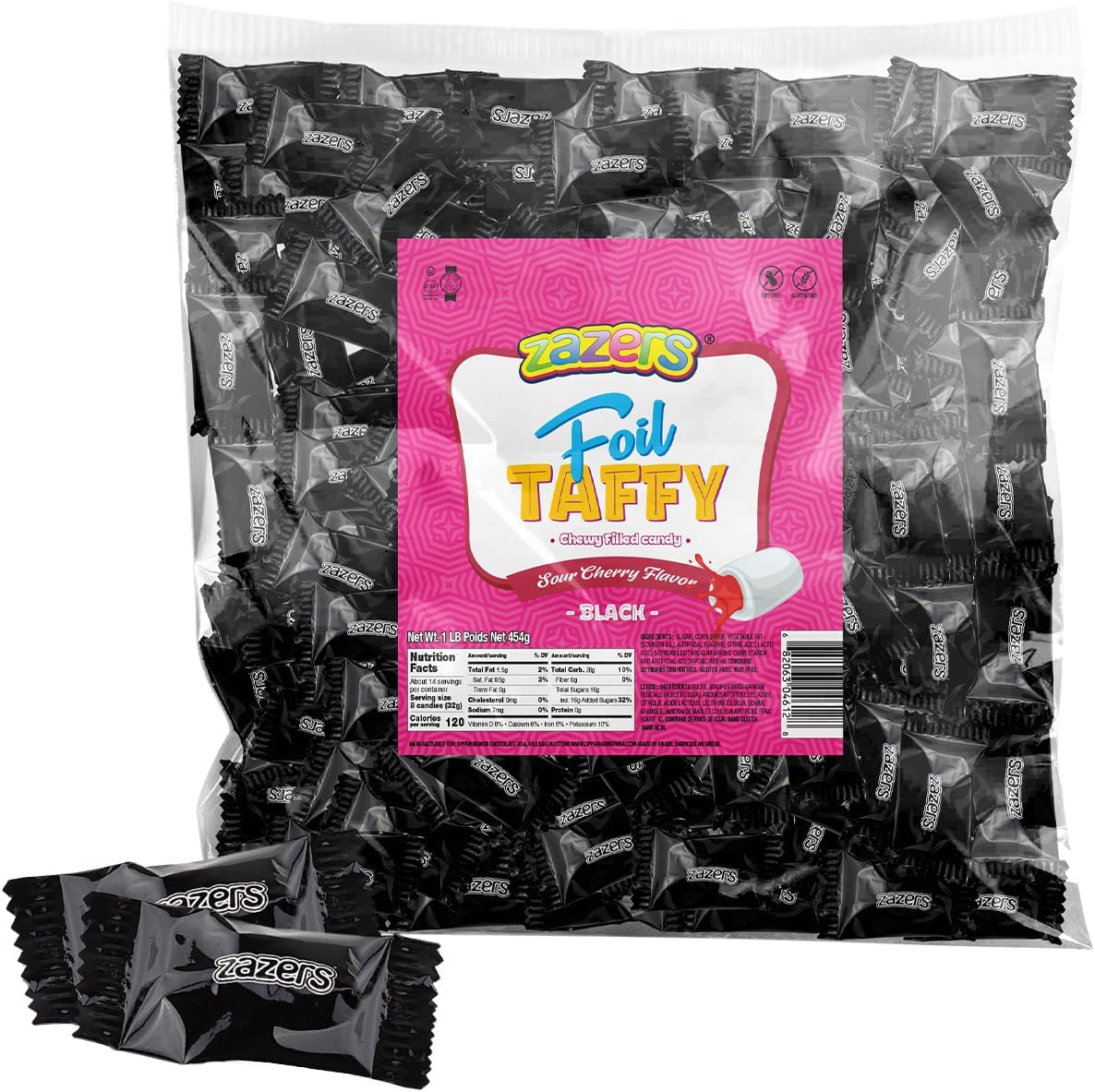 Black Foils Chewy Filled Sweet and Sour Candy, 1-Pound Bag of Black Color Themed Kosher Candies Individually Wrapped Cherry Fruit-Flavored Taffies (NET WT 454g, About 112 Pieces)