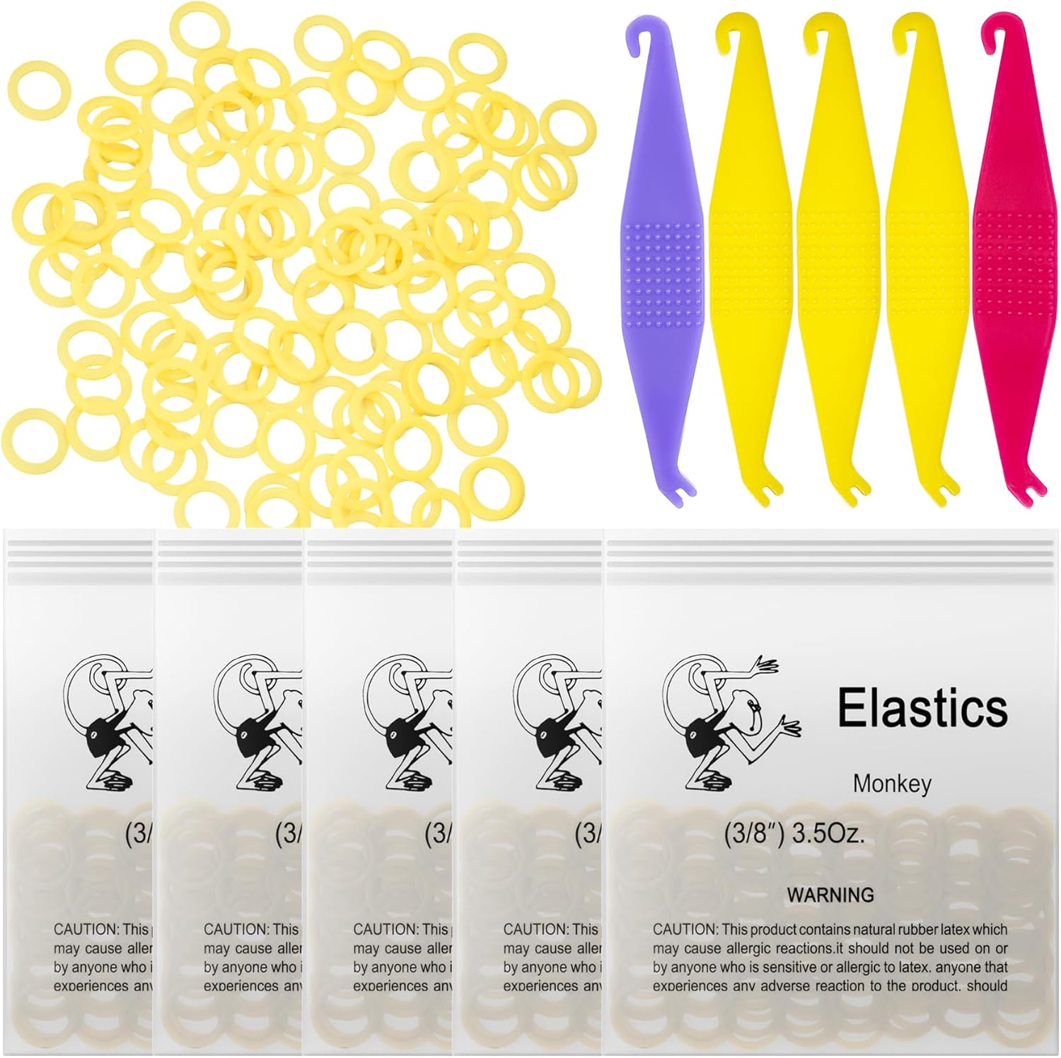 500 Pcs Orthodontic Elastic Rubber Bands, 3.5 Ounces Heavy Dental Rubber Traction Bands, Free Elastic Placer for Braces (3/8",Monkey)