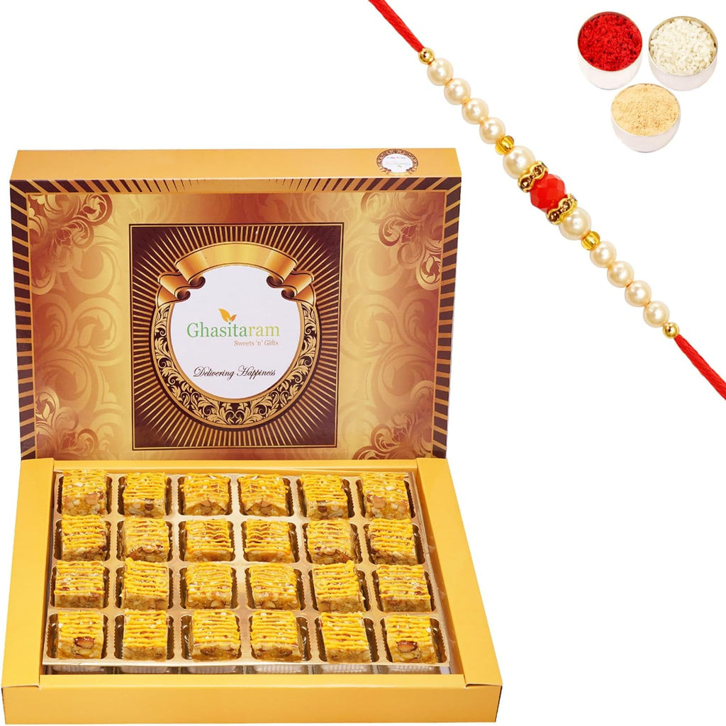 Ghasitaram Gifts Rakhi Gifts for Brothers Rakhi Sweets - Mango Drfruit Bites 24 pcs with Beads Rakhi