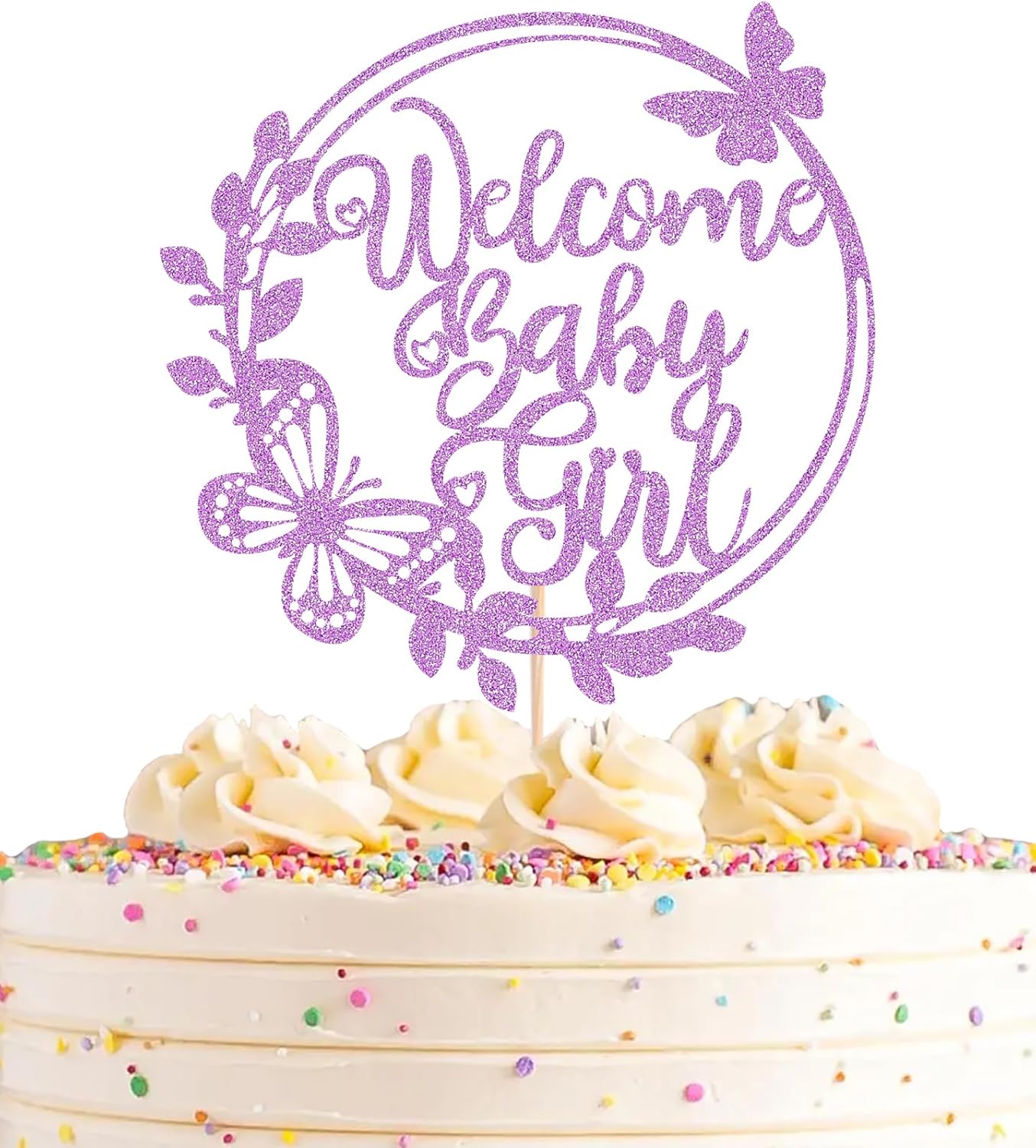 Welcome Baby Girl Cake Topper - Light Purple Glitter Baby Shower Cake Decorations, Baby Girl Cake Decor, for Baby Shower/Birthday Party/Gender Reveal Party Photo Booth Props