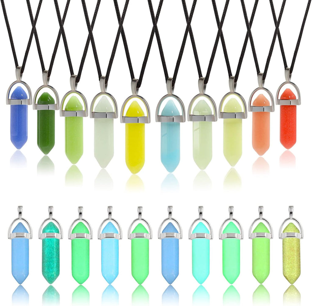 TXIN Glow in the Dark Crystal Pendant Necklaces, Luminous Natural Quartz Stone, Fluorescent Hexagonal Stone, Glowing Moonstone with Black Leather Chain, 10 Colors