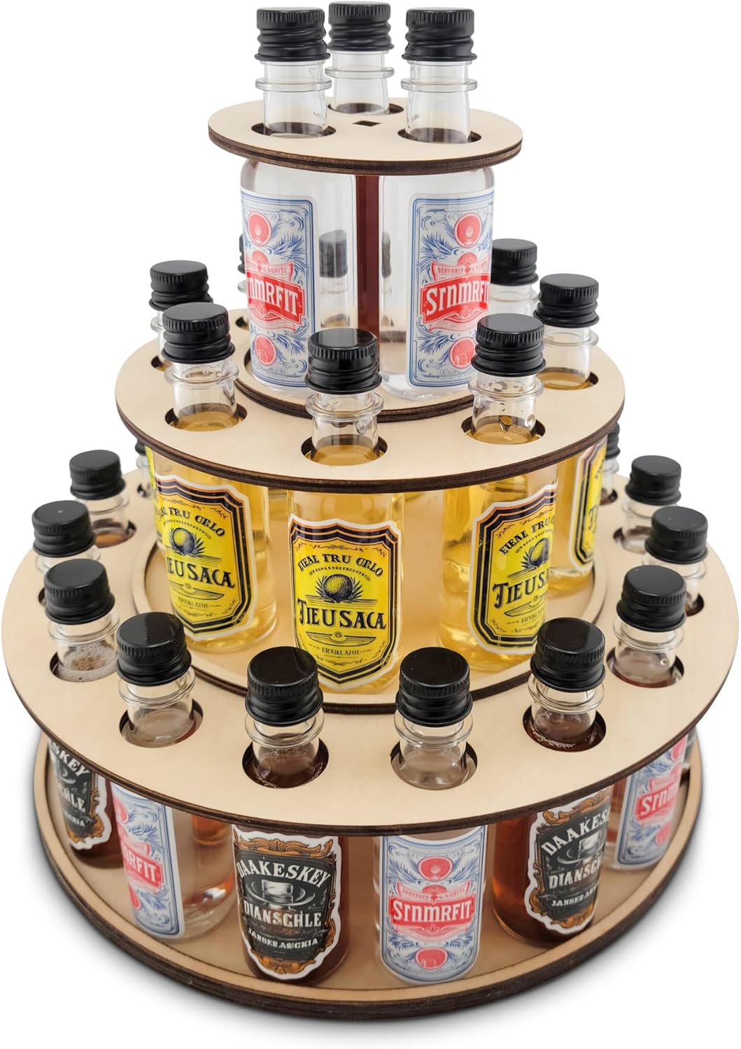 Party Centerpiece Display for Mini Liquor Bottles | 21st Birthday Holiday Celebration Decoration (Three Tier, Natural Wood)