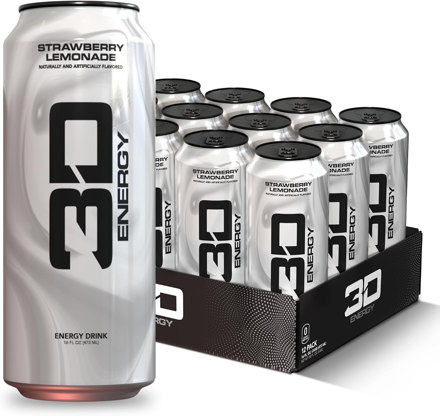 3D Energy Drink – Sugar Free, 200mg Caffeine, Pre Workout, Taurine, L-Carnitine, Lightly Carbonated, 16oz Cans, 12 Pack - Strawberry Lemonade