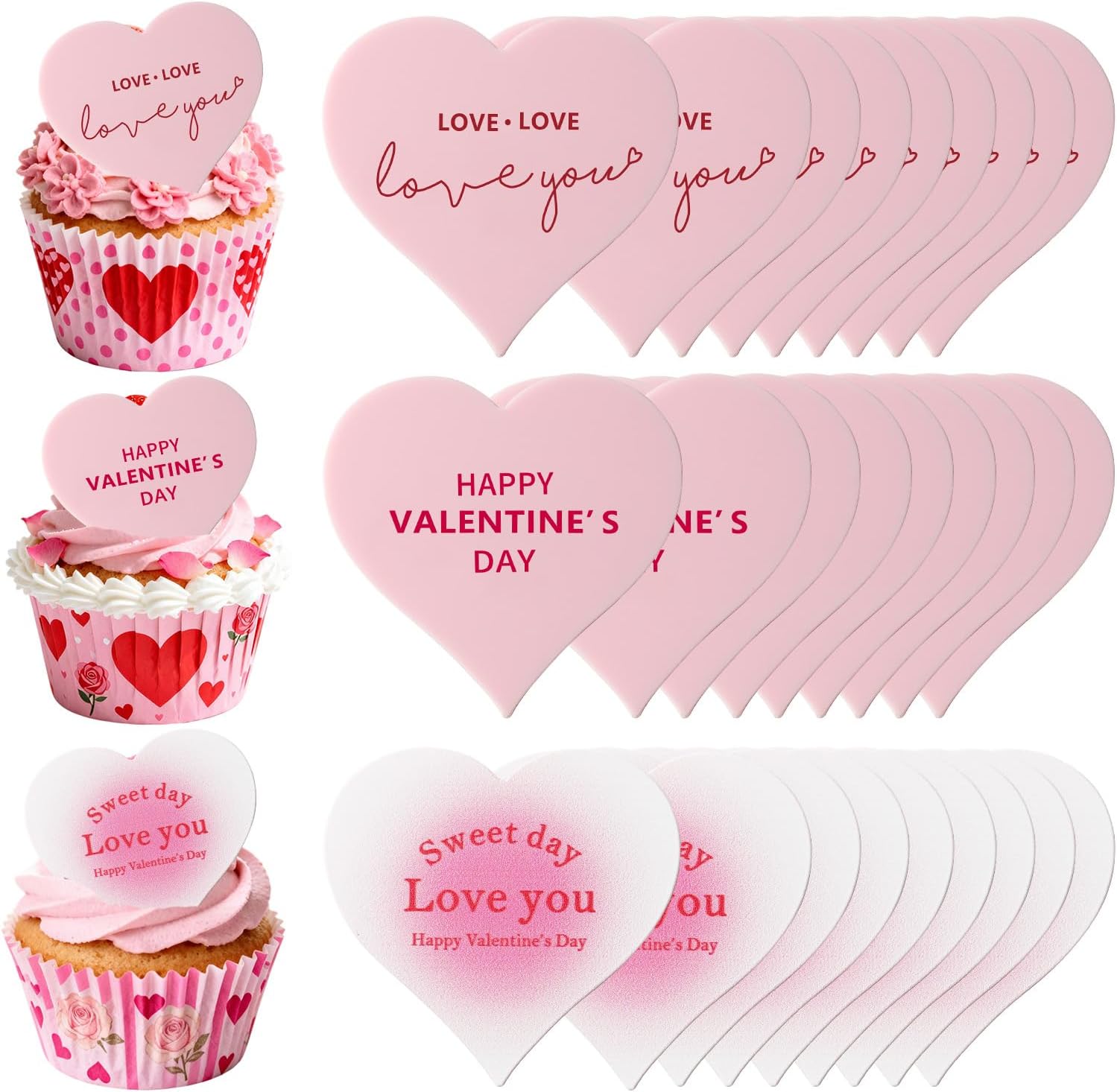 30PCS Happy Valentine’s Day Cake Toppers, Acrylic Cupcake Toppers 3 Different Pattern Heart Shape Custom Cupcake Picks for Valentine’s Party Anniversary Pastries Decorations (30 Pink Heart)