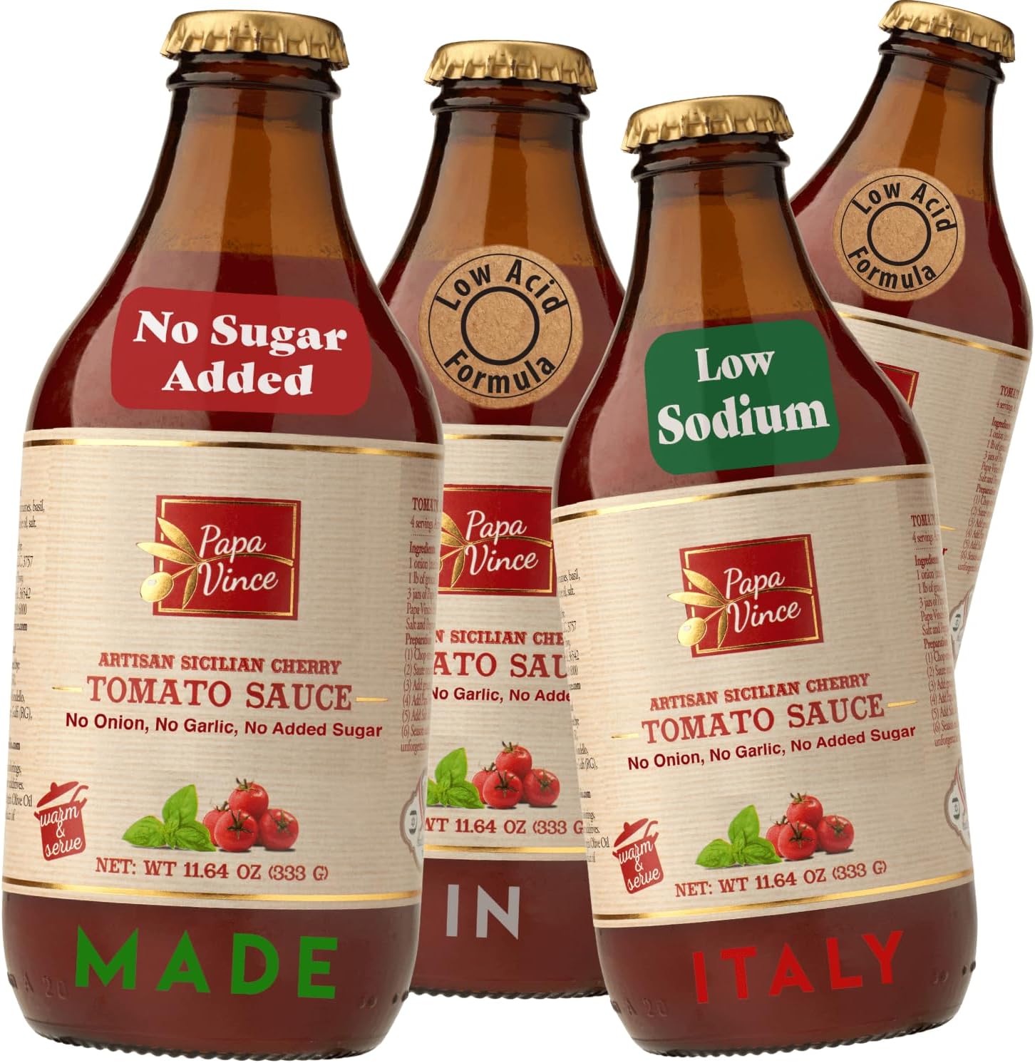 Papa Vince Pasta Tomato Sauce: Low Acid Garlic-Free Formula, Low Sodium, No Onion No Added Sugars. Non-GMO Gluten Free. Organic Cherry Tomatoes made in Sicily Italy. Small Batch. Exceptional Taste
