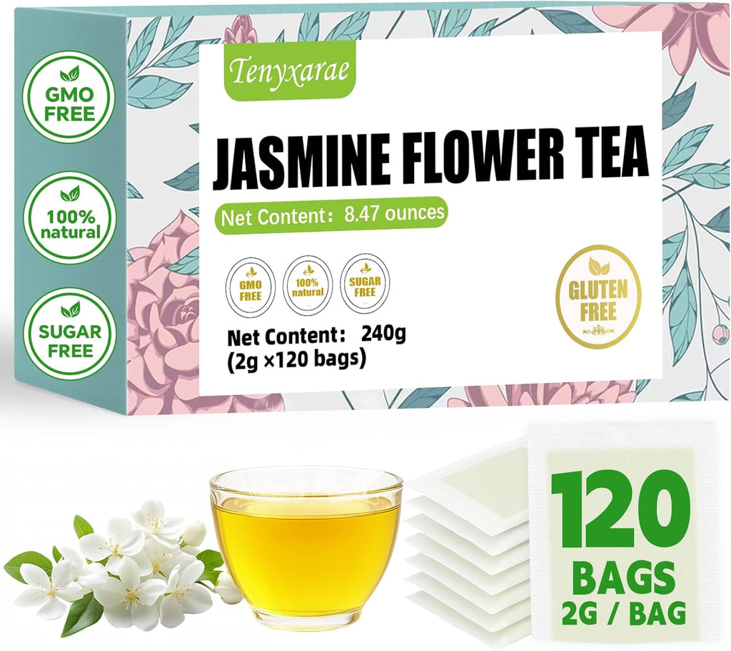 Jasmine Flowers Tea Bags-120 Teabags, 2g/Bag, Made with 100% Natural Jasmine Flowers. Helps with Relieve Fatigue and Antioxidation | Caffeine-Free | Sugar-Free | Gluten-Free | Vegan. Eco-Friendly Tea Bags