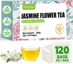 Jasmine Flowers Tea Bags-120 Teabags, 2g/Bag, Made with 100% Natural Jasmine Flowers. Helps with Relieve Fatigue and Antioxidation | Caffeine-Free | Sugar-Free | Gluten-Free | Vegan. Eco-Friendly Tea Bags