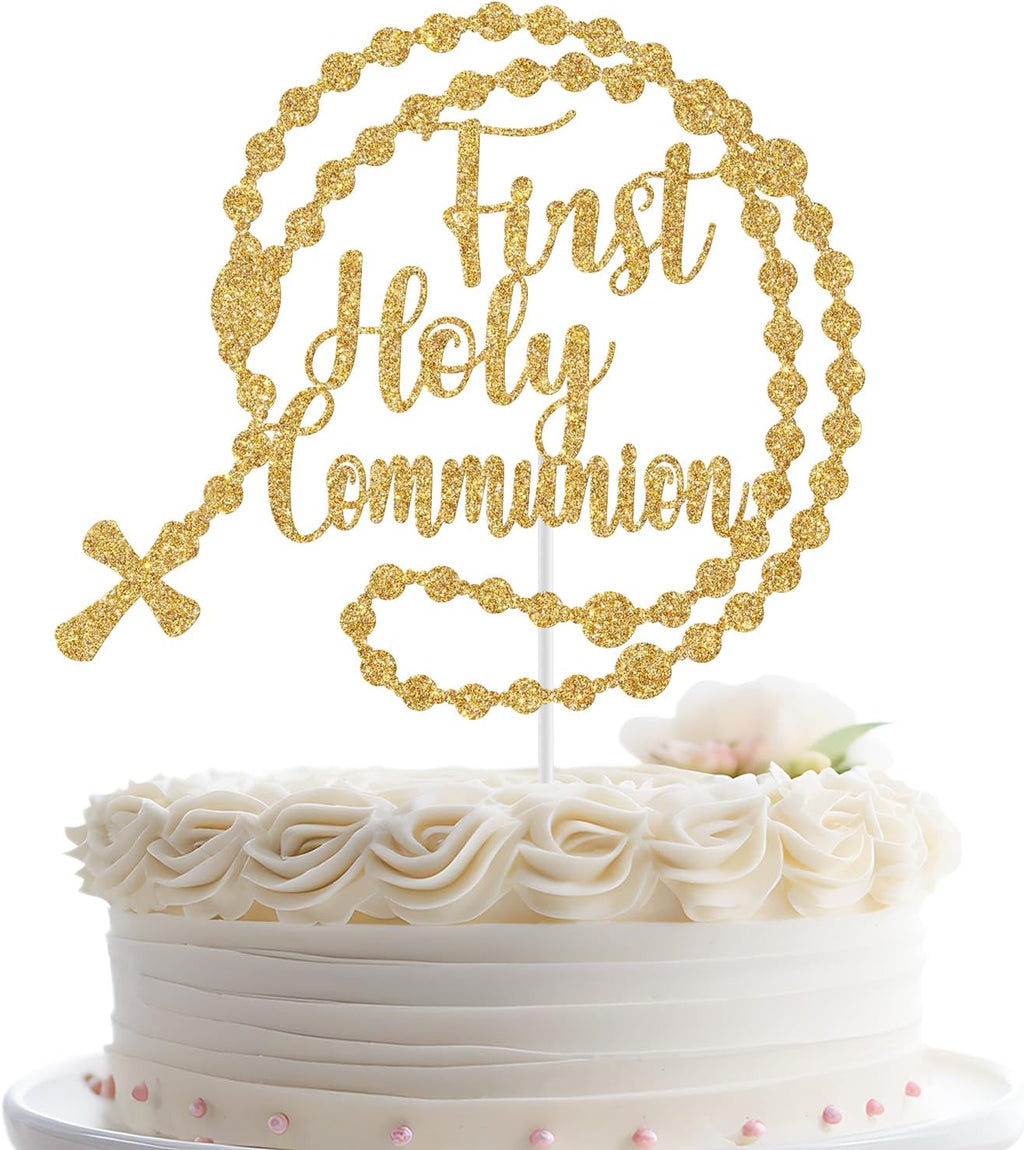 First Holy Communion Cake Topper, Christian Baptism, God Bless Cake Decor, Wedding Baptism Christening Baby Shower Birthday Party Decorations Gold Glitter