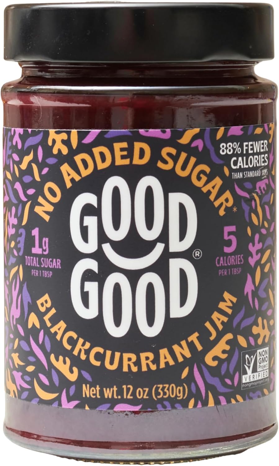 GOOD GOOD Blackcurrant Jam - No Added Sugar - Low Calorie - Gluten Free and Vegan - Diabetic and Keto Friendly - 12oz / 330g (Pack of 1)
