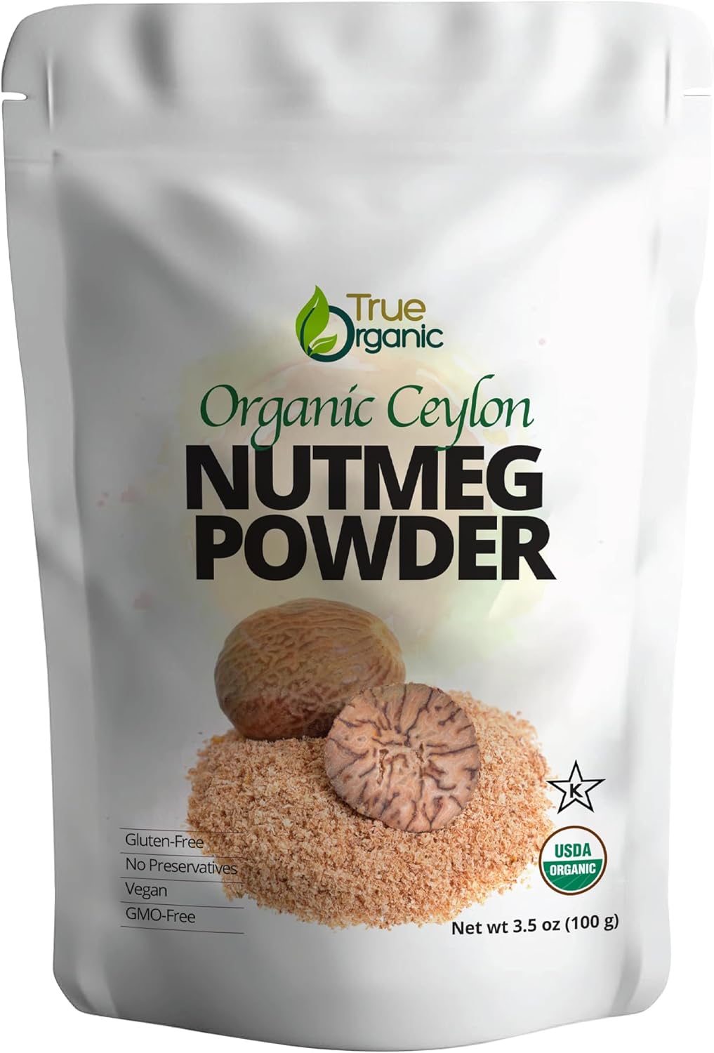 True Organic Ceylon Nutmeg Powder, Premium Grade, USDA & Kosher Certified, Gluten Free, Pure Ceylon Premium Quality, Ground 3.5 Oz