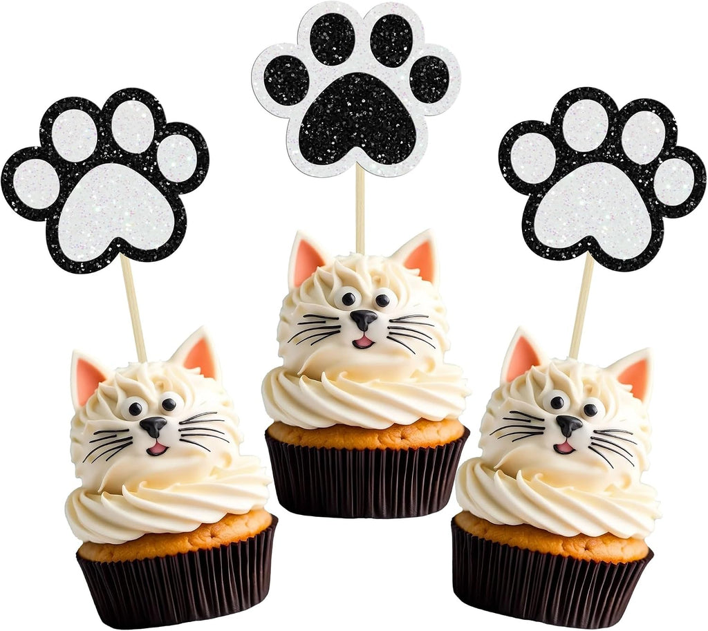 Gyufise 24Pcs Paw Cupcake Toppers Glitter Dog Paw Cake Decorations Black White Glitter Puppy Cupcake Toppers for Baby Shower Boys Girls Birthday Party Cake Supplies