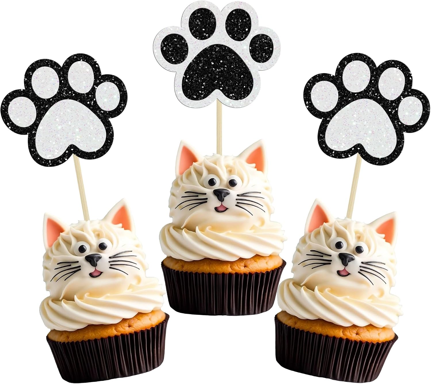 Gyufise 24Pcs Paw Cupcake Toppers Glitter Dog Paw Cake Decorations Black White Glitter Puppy Cupcake Toppers for Baby Shower Boys Girls Birthday Party Cake Supplies