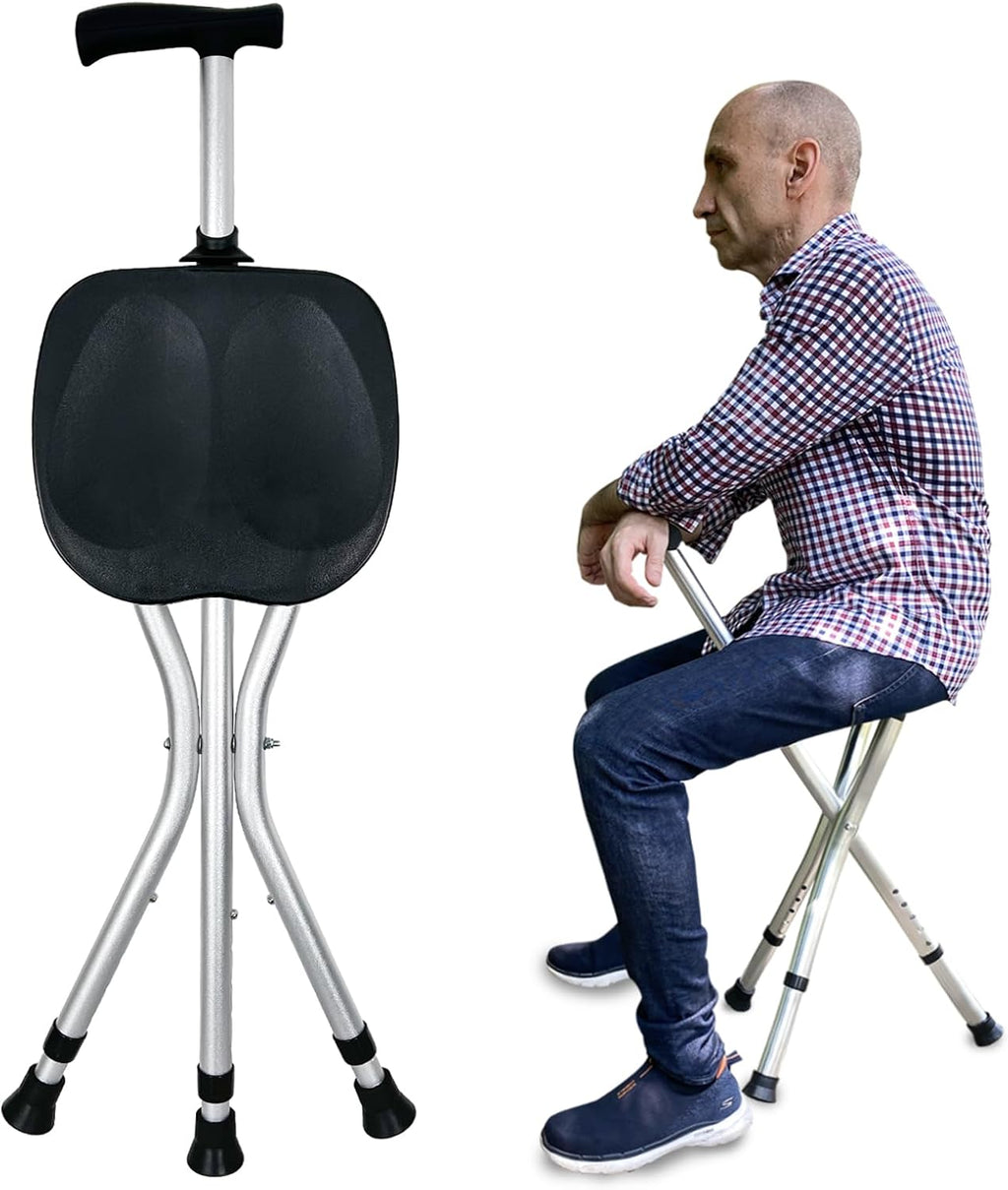 Portable Adjustable Folding Walking Cane with Seat Allows Durability While Walking and Convenience for Sitting, Alloy Crutch Chair, Anti-Slip Lightweight Walking Stick for Seniors