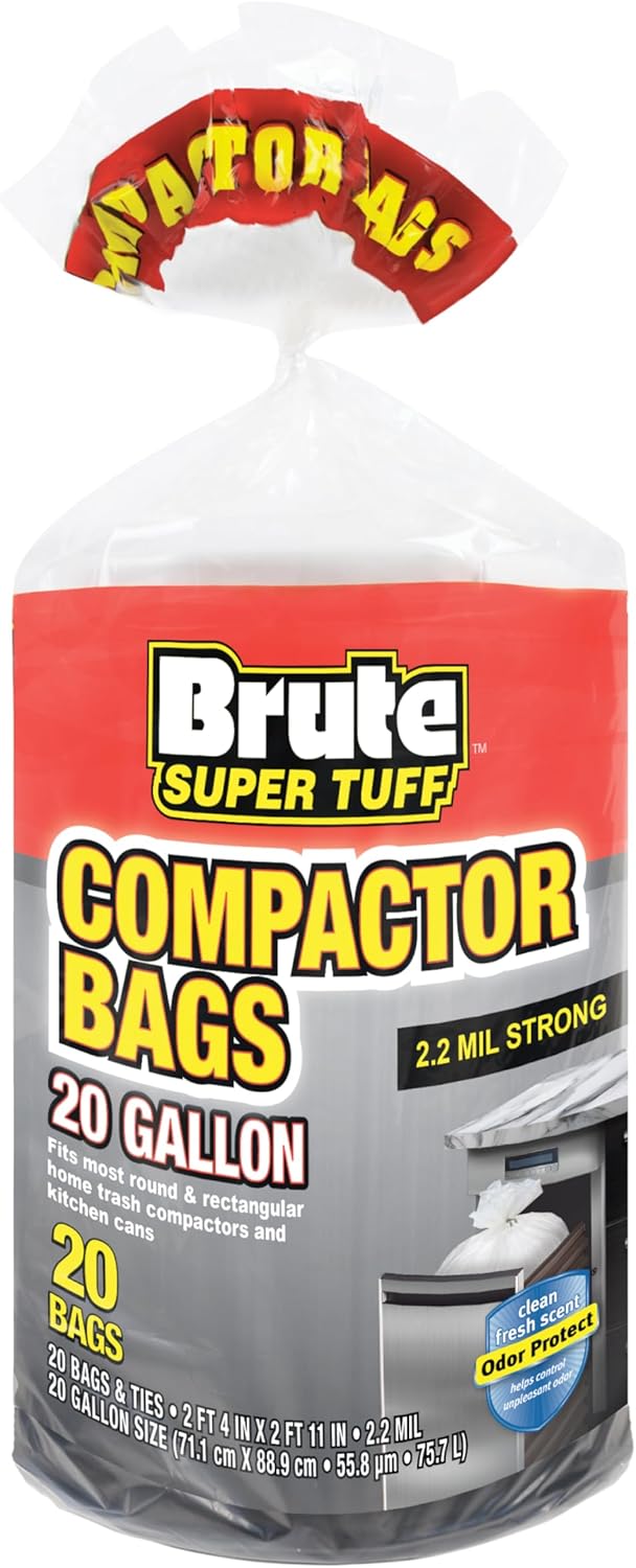 Brute Super Tuff Heavy Duty 2.2 MIL Kitchen Compactor Bags, Twist Tie Closure, White, Clean Fresh Scent with Odor Protect Technology, 20 Gallon, 20 Count