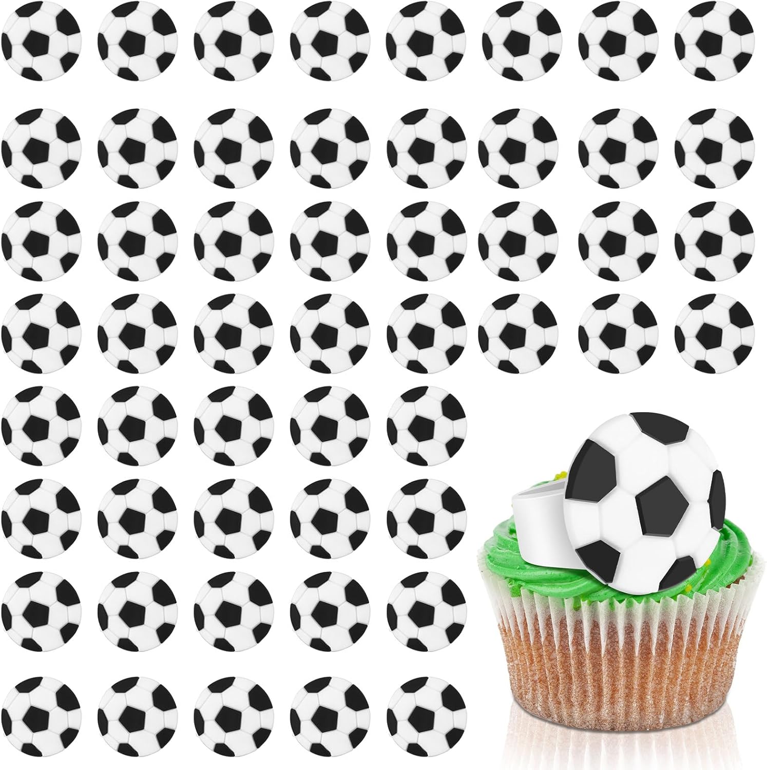 Barydat 48 Pcs Soccer Ball Cupcake Rings Toppers - Sports Theme Party Decorations for Kids Birthday, Game Day Favors & Gifts
