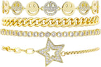 Gold Bracelets Set for Women 14K Gold Plated Stackable Twisted Bangle Rolo Chain Bracelets Layered Diamond Cubic Zirconia Charm Cuban Chain Gold Ball Beads Stretch Bracelets Trendy Jewelry Gift