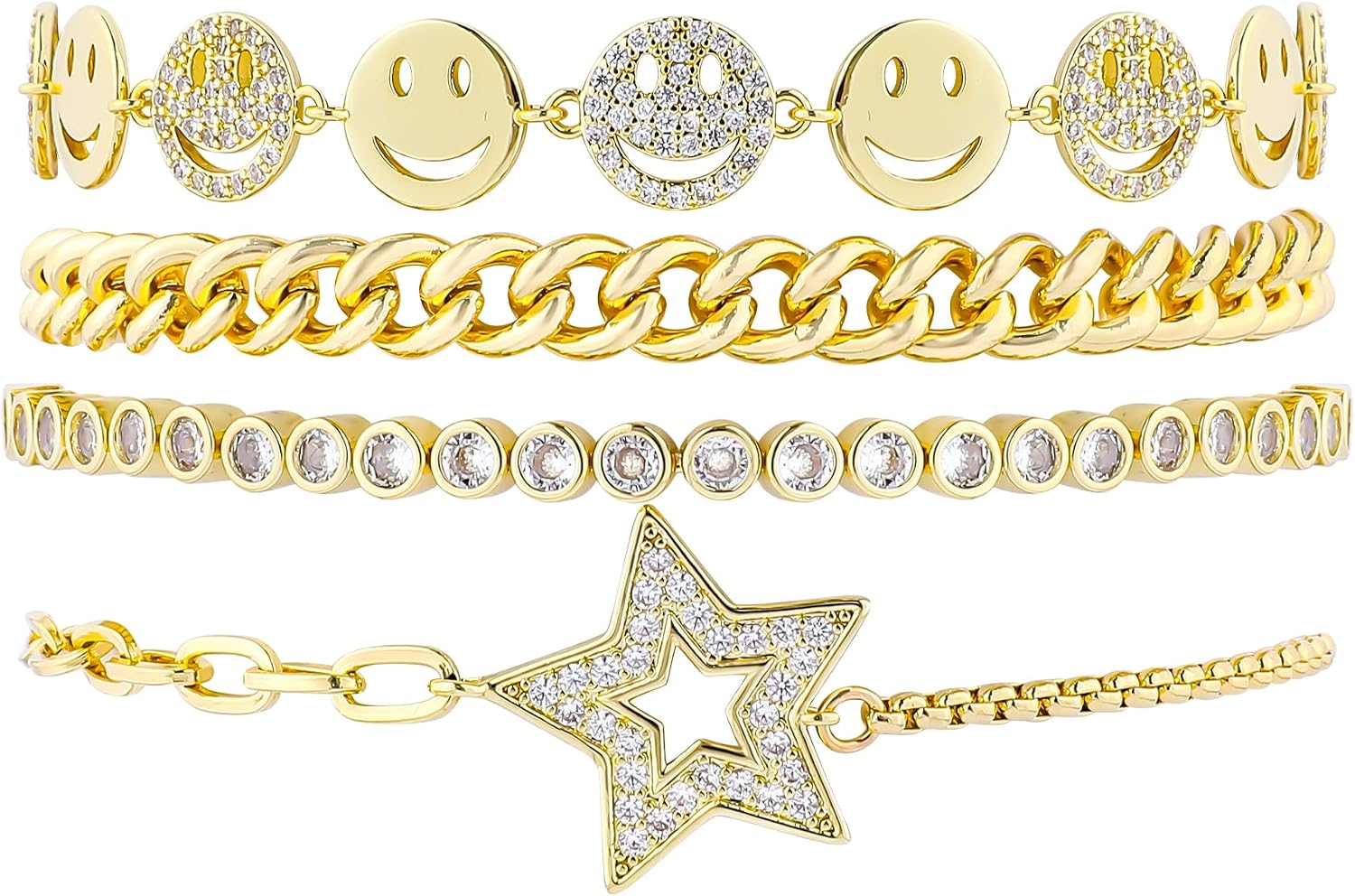 Gold Bracelets Set for Women 14K Gold Plated Stackable Twisted Bangle Rolo Chain Bracelets Layered Diamond Cubic Zirconia Charm Cuban Chain Gold Ball Beads Stretch Bracelets Trendy Jewelry Gift