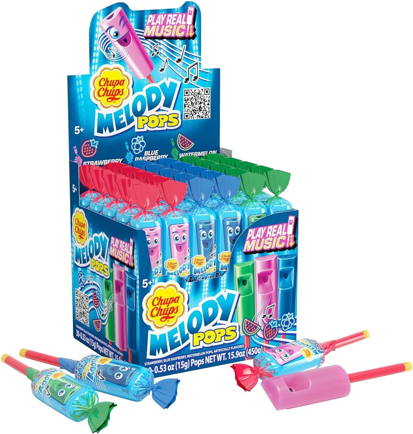 Chupa Chups Melody Pops, Assorted Flavors, Whistle Lollipops, Individually Wrapped Candy, 30 count
