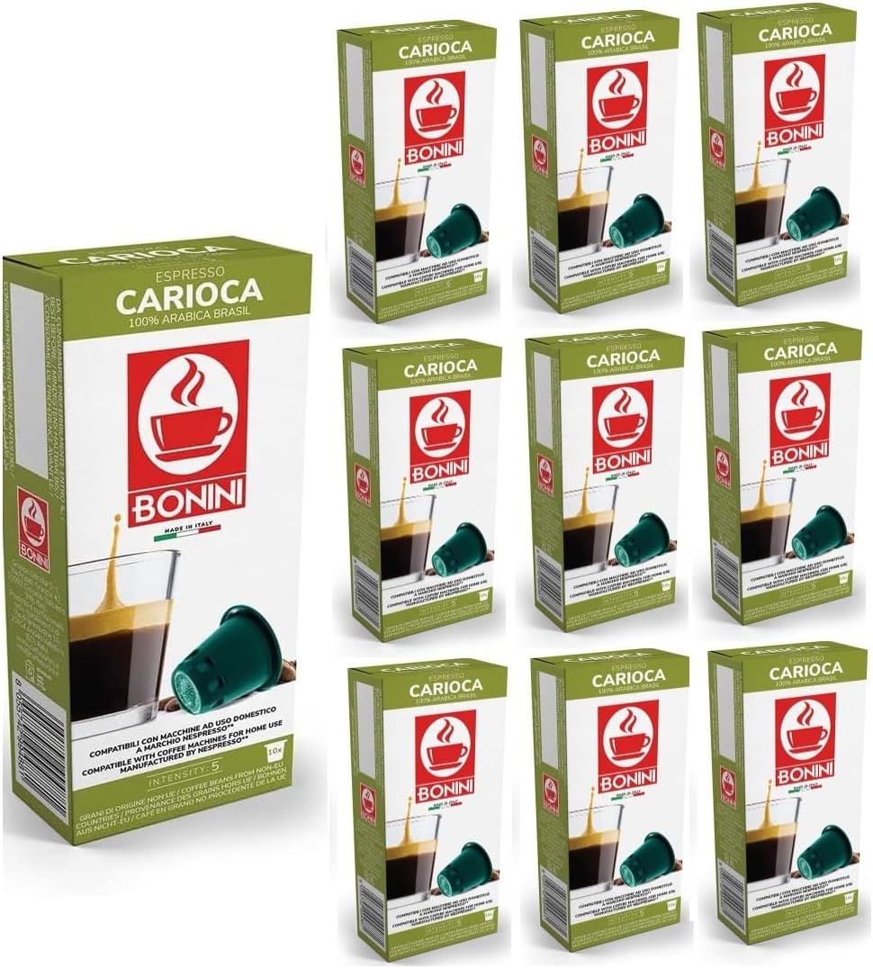 Bonini Carioca Coffee Pods Compatible with Nespresso 100% Italian Coffee Capsules (Pack of 10, Total 100 Pods)