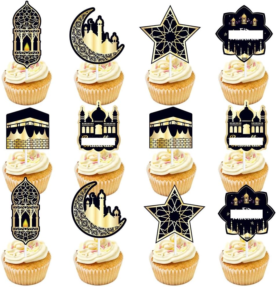 12Pcs Eid Mubarak Cupcake Toppers Moon Ramadan Kareem Happy Eid Cupcake Picks for Theme Party Cake Decorations Supplies