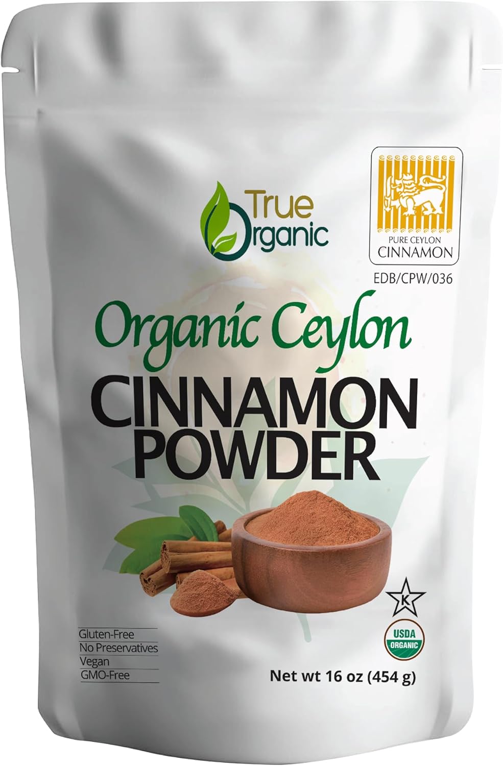 True Organic Pure Ceylon Cinnamon Powder, 1 lb, Premium Grade, Gluten Free, USDA & Kosher Certified, Organic Ground Cinnamon powder, Non-GMO, Ceylon Premium Quality